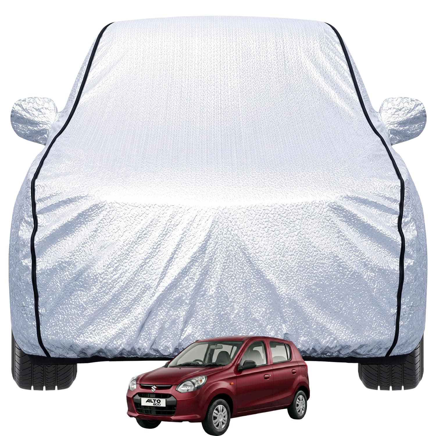 Pivalo Car Cover for Alto 800 All Model & Years (2000-2023) 100% Waterproof with Mirror Pockets, Triple Stitched Bottom Elastic Dustproof Full Body Protection (Heat & UV Resistant, Silver)
