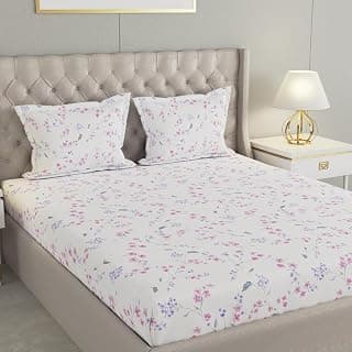 Raymond Home 200TC Affair Cotton Rich Super Soft Floral Double Bedsheet (2.29 Mx2.54 M) with 2 Pillow Covers(46 CM x 69 CM) - White & Pink