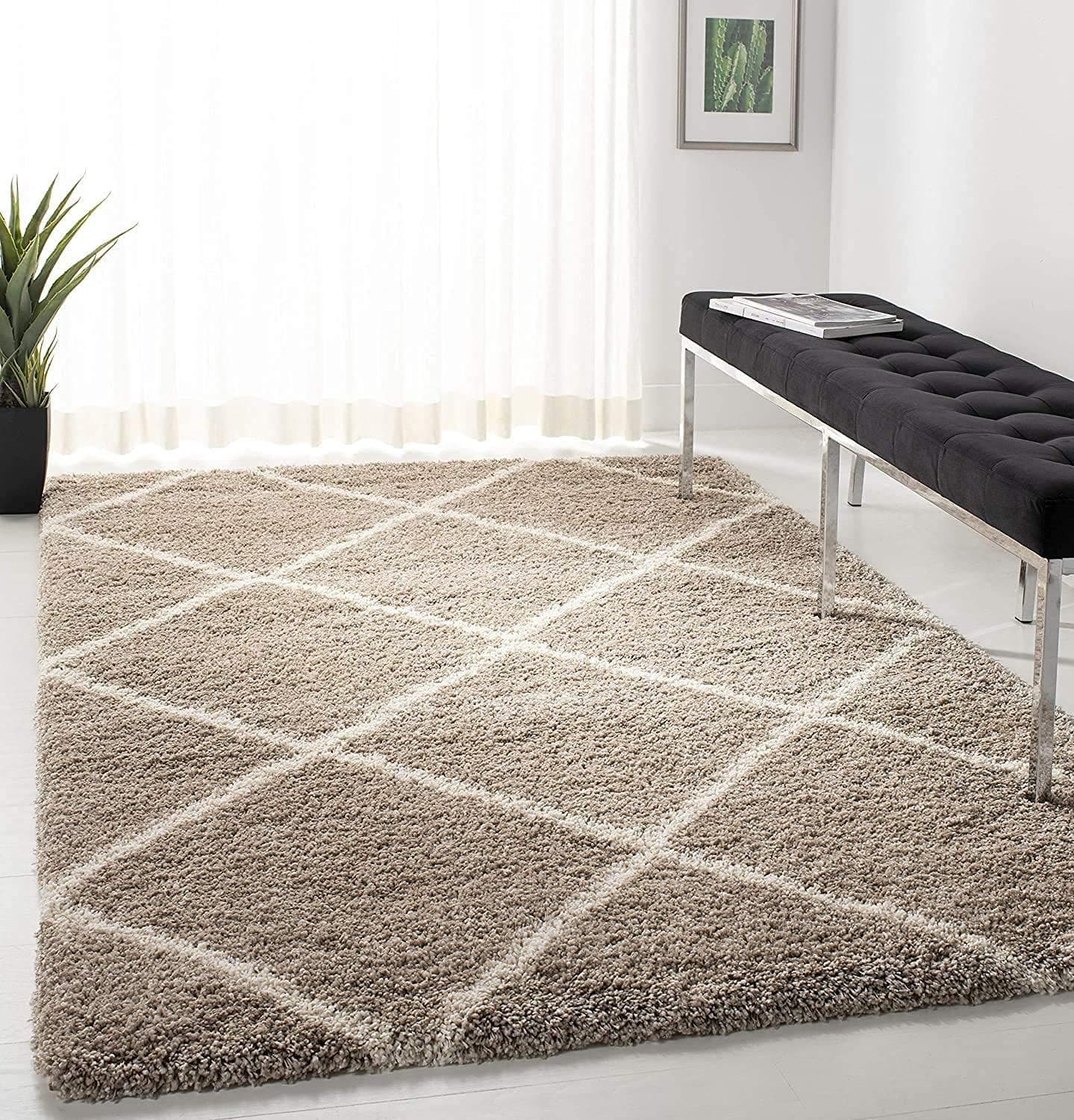 AROMICK Modern Polyester Anti Slip Shaggy Fluffy Rug and Carpet for Living Room, Bedroom & Dining Room (6 x 9 Feet, Beige Ivory Box)