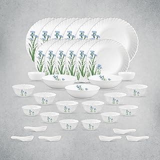 La Opala Opal Glass Crockery | for Family of 6 | Dinner Set 35 pcs Blue Florets | Plates & Bowls for Dining | Microwave Safe | 100% Vegetarian | Extra Strong | Extra Light & White
