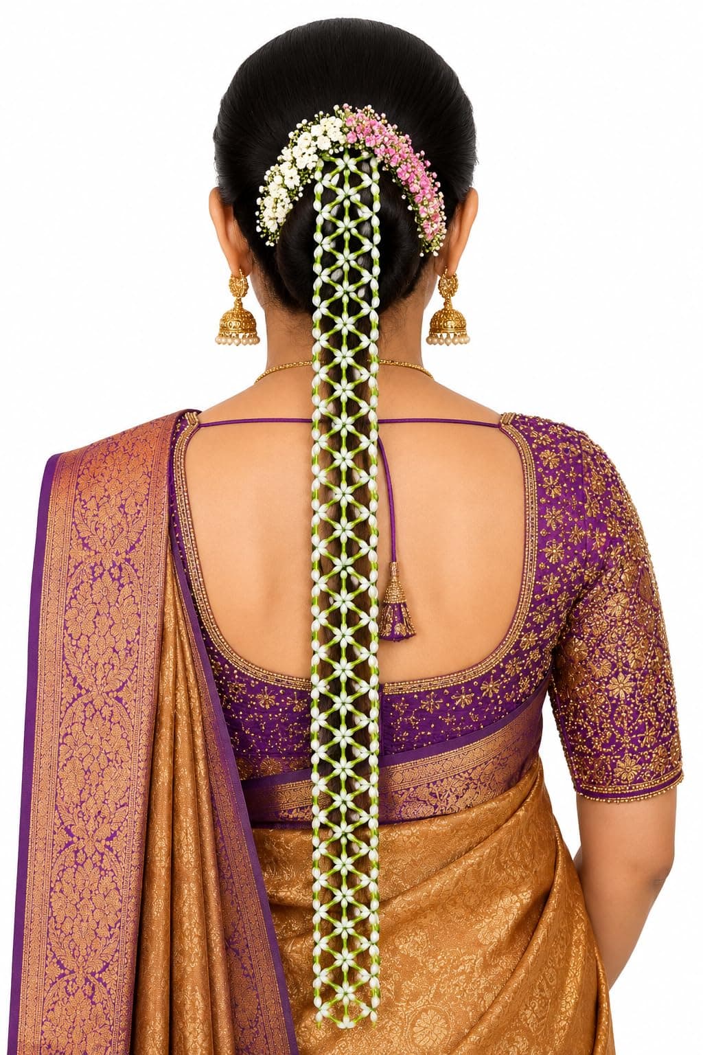 Ervio Artificial Jasmine Flower Poola Jada for Women | Handmade Mogra Hair Net Juda | Bridal Gajra Hair Accessory for Wedding, Bharatanatyam, Classical Dance, Festivals & Traditional Hairstyles