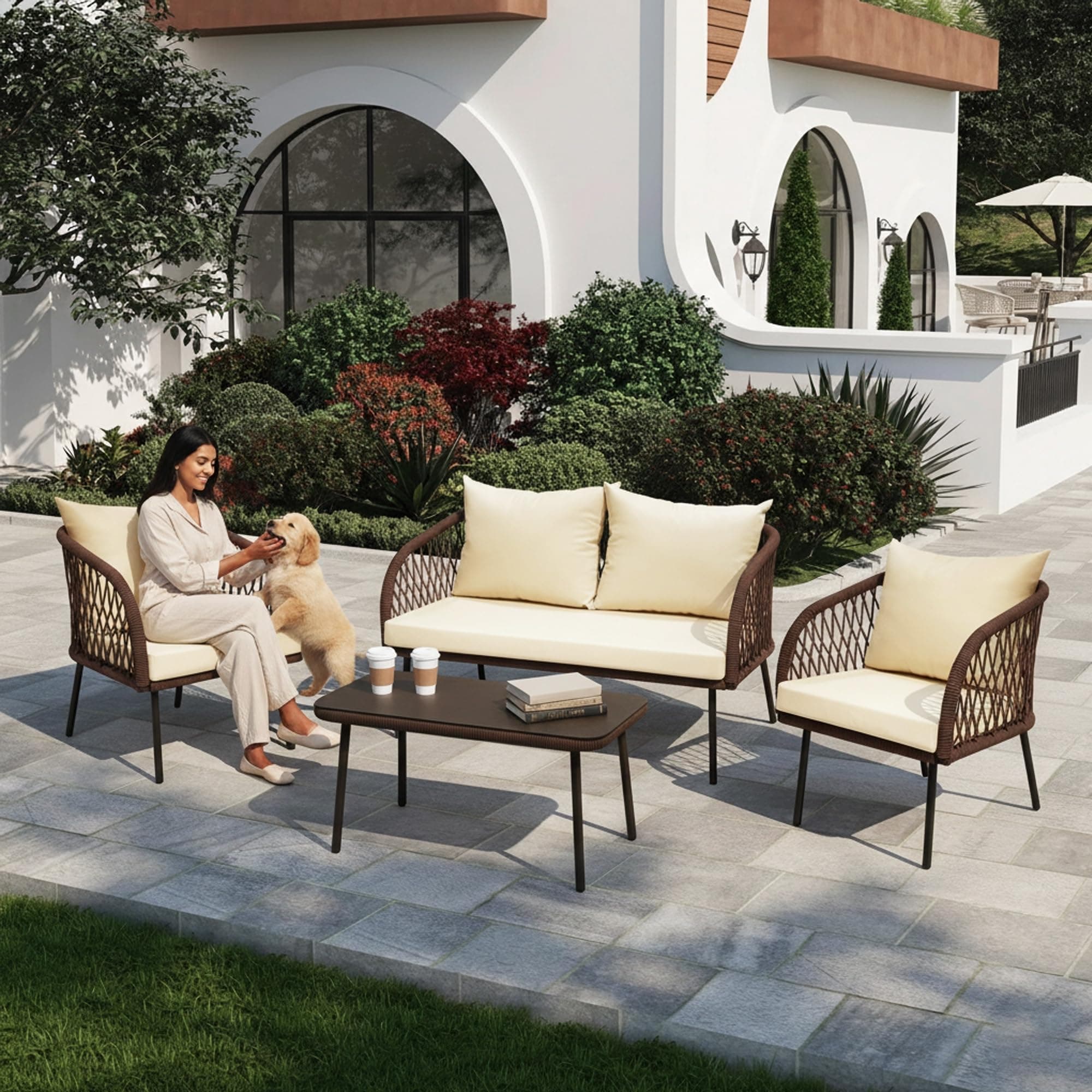 DEVOKO Verde Outdoor Rope 4-Seater Sofa Set with Glass Top Table & Water-Repellent Cushions, Durable Metal Frame, Handwoven Furniture Perfect for Garden, Patio, Pool Deck & Balcony(Brown & Cream)