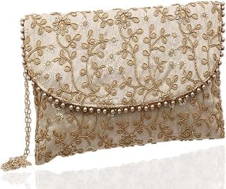 Kuber Industries Kuber Industries Women's Handcrafted Embroidered Clutch Bag Purse Handbag for Bridal, Casual, Party, Wedding (Beige, Cream) - CTKTC34515