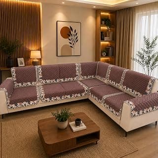 7 Seater L Shape Printed Sofa Cover for L-Shape Sectional Couch-Pack of 14 (Coffee 1)