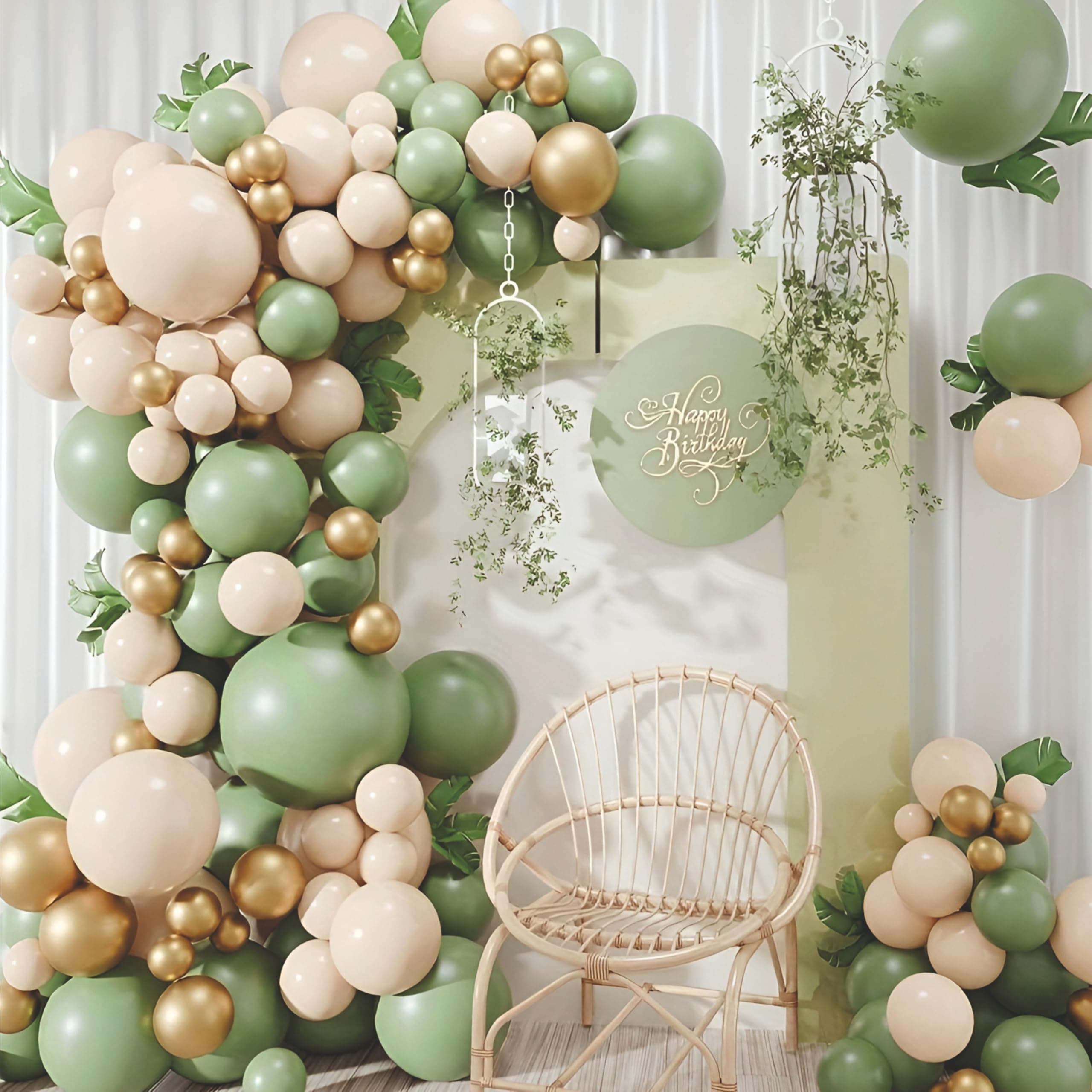 YOURS DECOR Balloon Garland Set, 65 Pieces, Sage Green, Sand White and Golden Chrome balloons for Birthday Decoration, anniversary decor