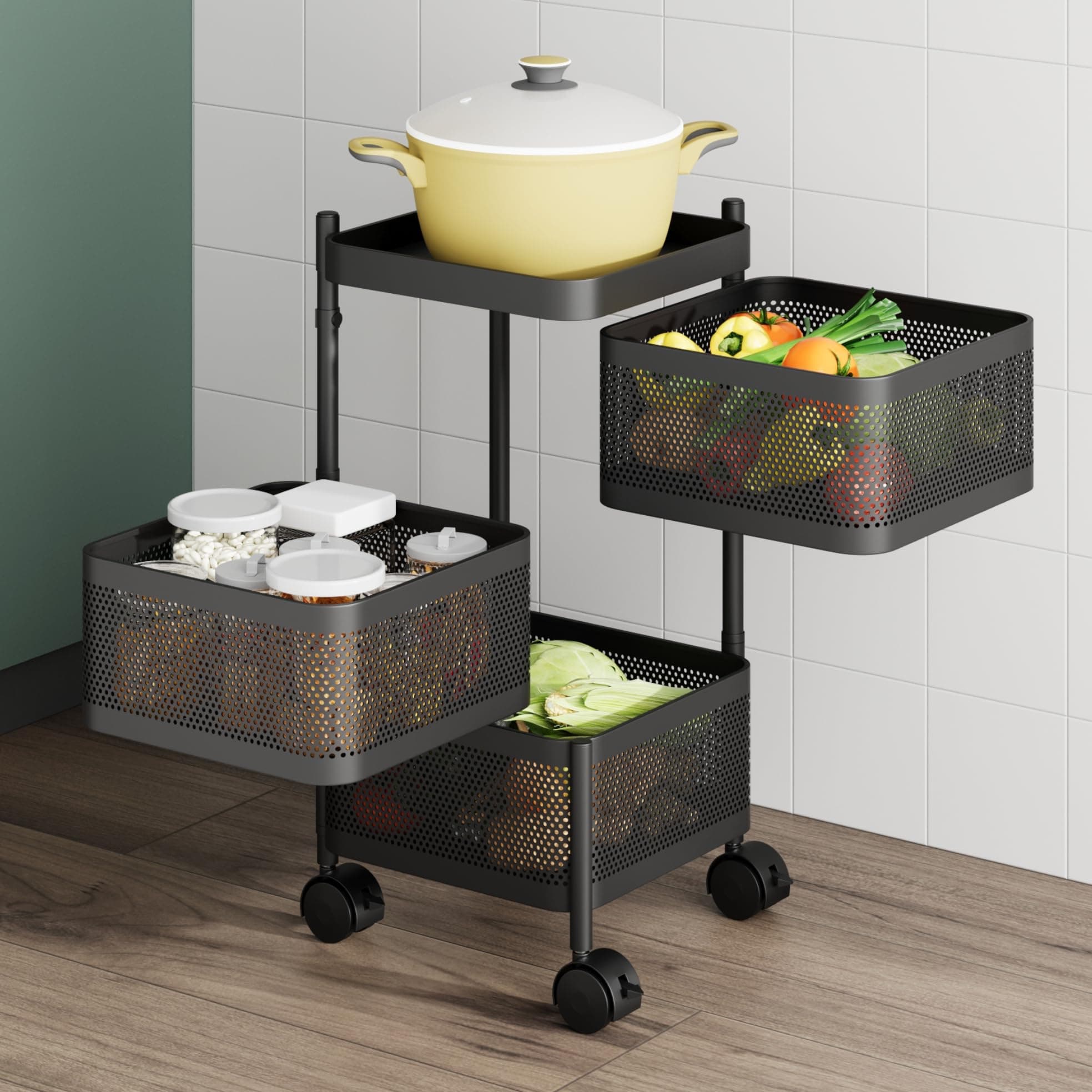 LAPO Metal Trolley Storage Rack with Wheels, 3-Tier Vegetable Stand, Kitchen Vegetable Storage Rack, Spice Rack, Vegetable & Fruit Storage, Rotating Onion Potato Rack for Kitchen (Square Shape, Black)