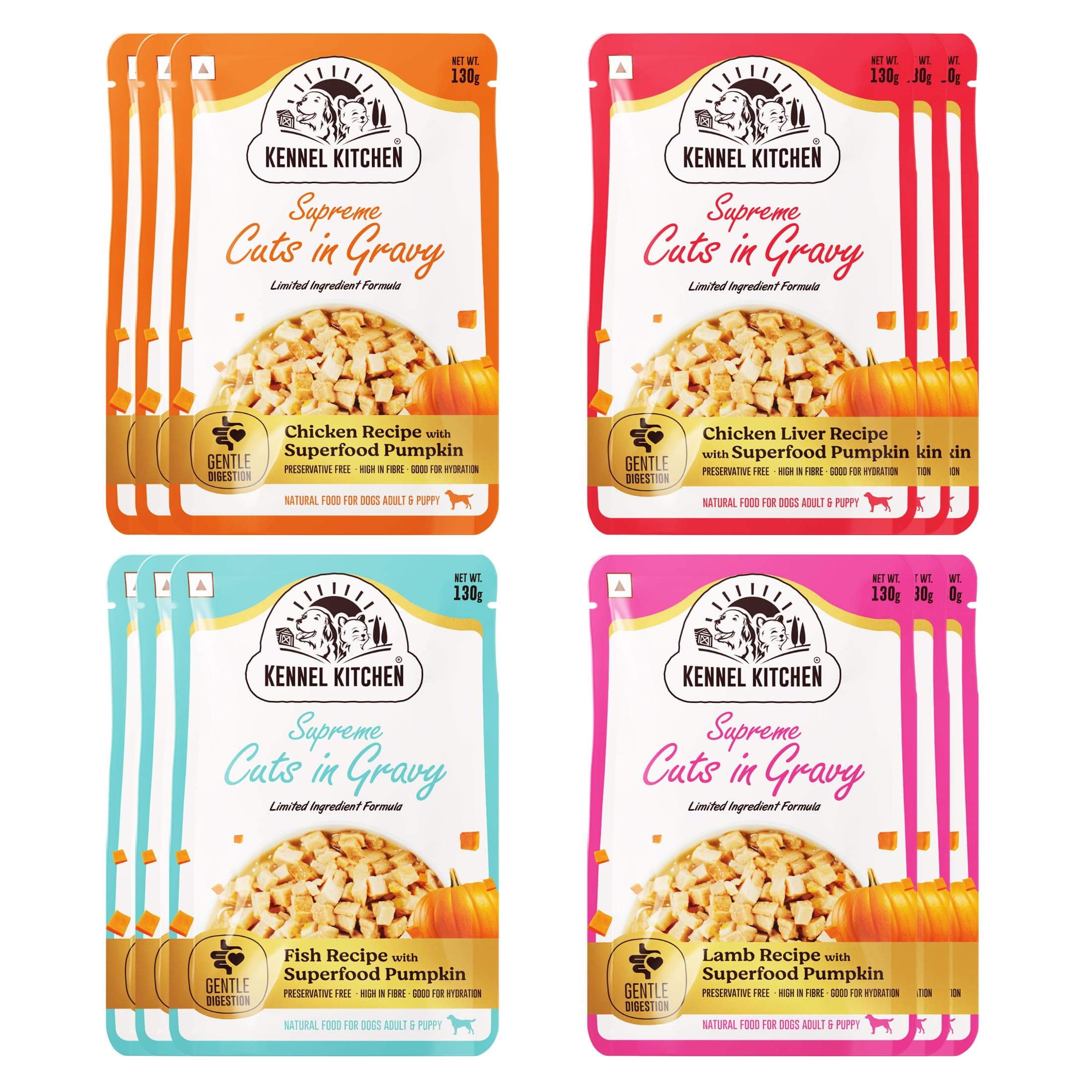 Kennel Kitchen Supreme Cuts in Gravy, Variety Pack, 130g (Pack of 24) | Chicken, Chicken Liver, Lamb and Fish with Pumpkin Recipe | Wet Dog Food Gravy for Adult & Puppy