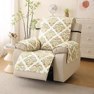 HOKIPO 'VivaCasa Series' Polyester Quilted Recliner Sofa Mat with Side Pockets,Damask Beige(In-726-D4)