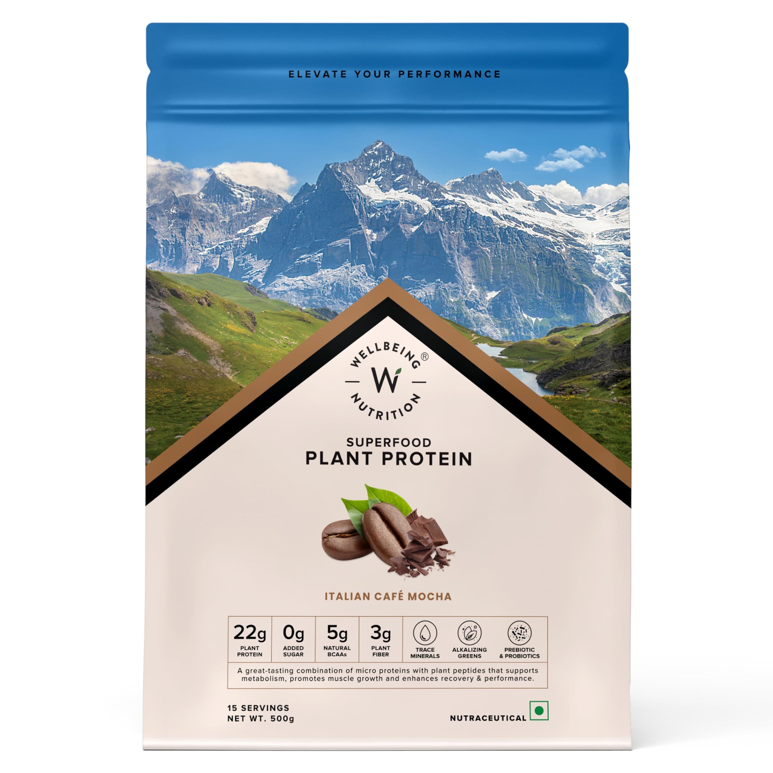 Wellbeing Nutrition Organic Vegan Plant Protein Isolate | 22g Protein, 5g BCAA, 3B CFU Probiotics, Enzymes, 3g Fiber, 5 Alkalizing Green | NO Bloating, Easy to Digest | Italian Cafe Mocha 500gm