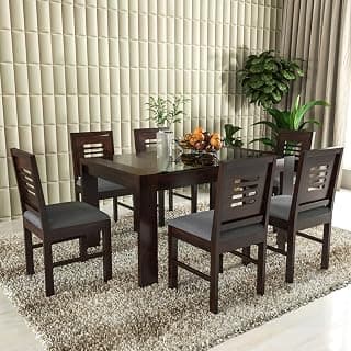 Sheesham Wood 6 Seater Dining Table with Six Cushion Chair for Living Room Home Wooden Glass Top Dining Table Set for Hotels Restaurants Solid Wood Dining Furniture (Walnut Finish)