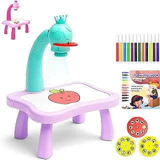 VGRASSP Creative Drawing Projection Table Toy Set for Kids with 12 Color Markers - Educational Tracing Learning Projector Desk with 3 Slides and Art Book for Boys and Girls - Color As Per Stock