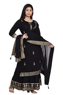 Ganakshi Women's Rayon Fabric Zari Work Black Color Kurti with Divider/Sharara and Dupatta Set