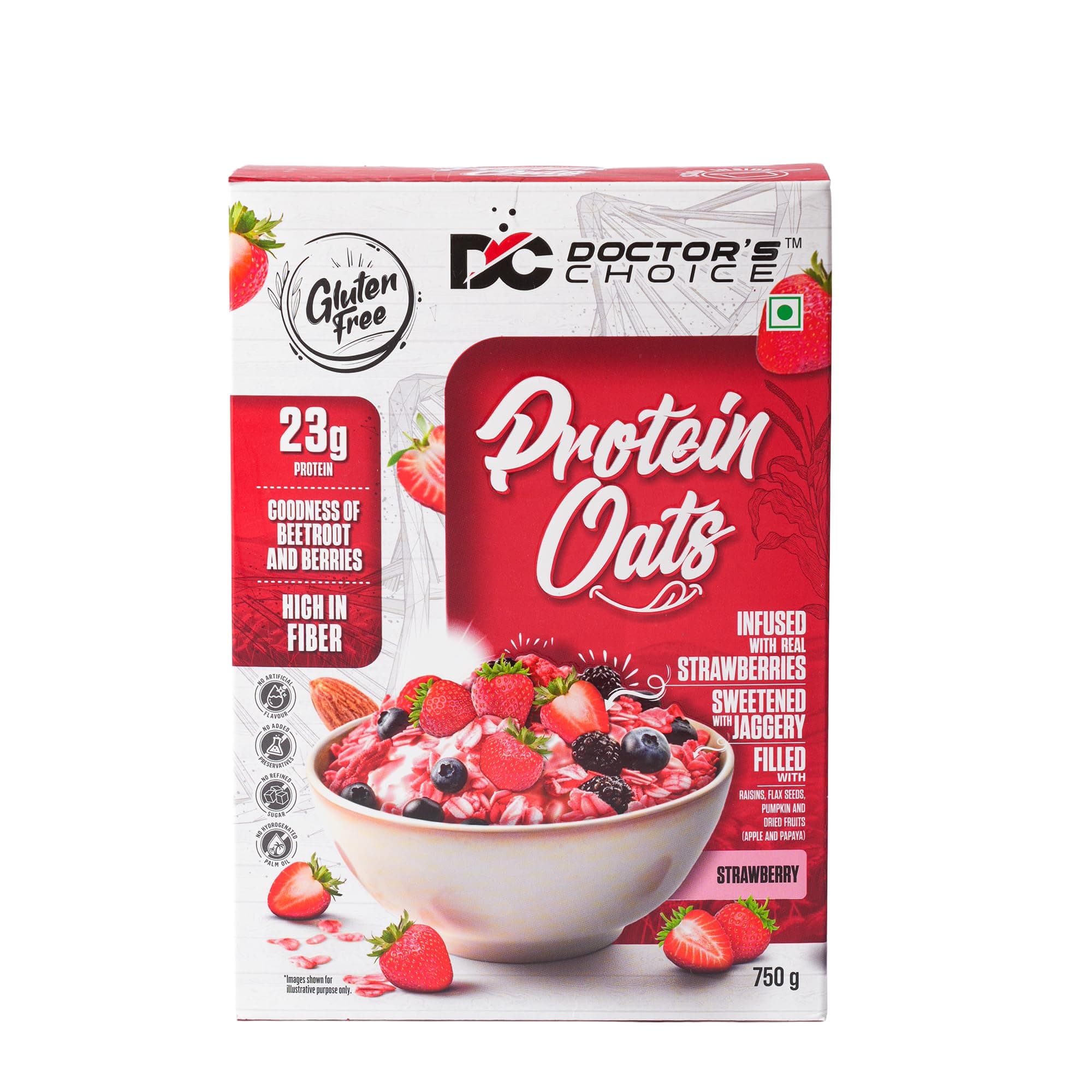 Doctors Choice High Protein Oats 750g | 24g Protein Oatmeal | Natural Strawberrry Flavour | No Added Sugar | Gluten Free | High Fiber Healthy Breakfast Oats