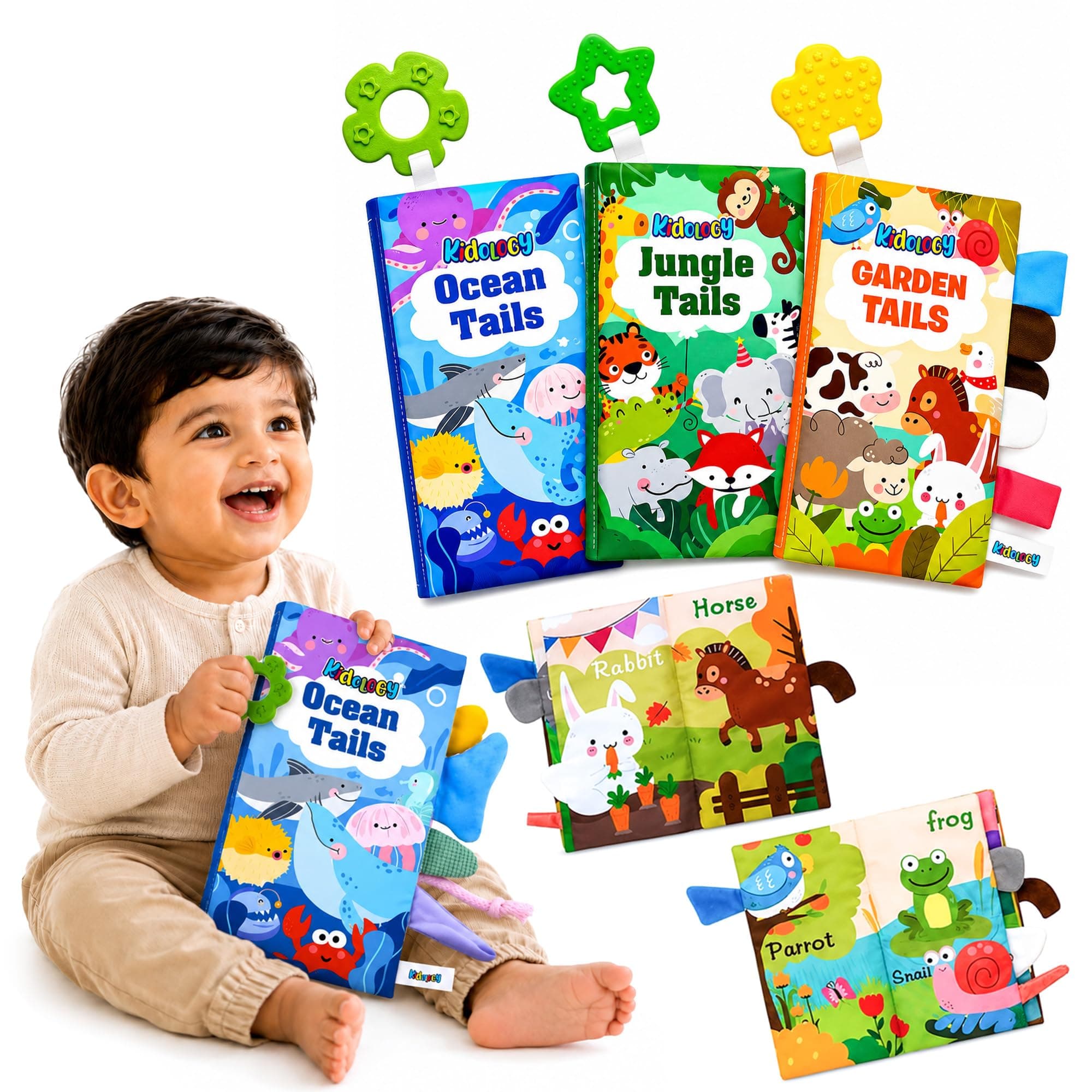 Kidology Learning Tails Book, Children's Tail Cloth Book Set, 3PCS Non Toxic Tear Resistant Books with Rustling Sound, Books for 0-3 Years, Boys and Girls, Ideal for Baby Showers & Gifts