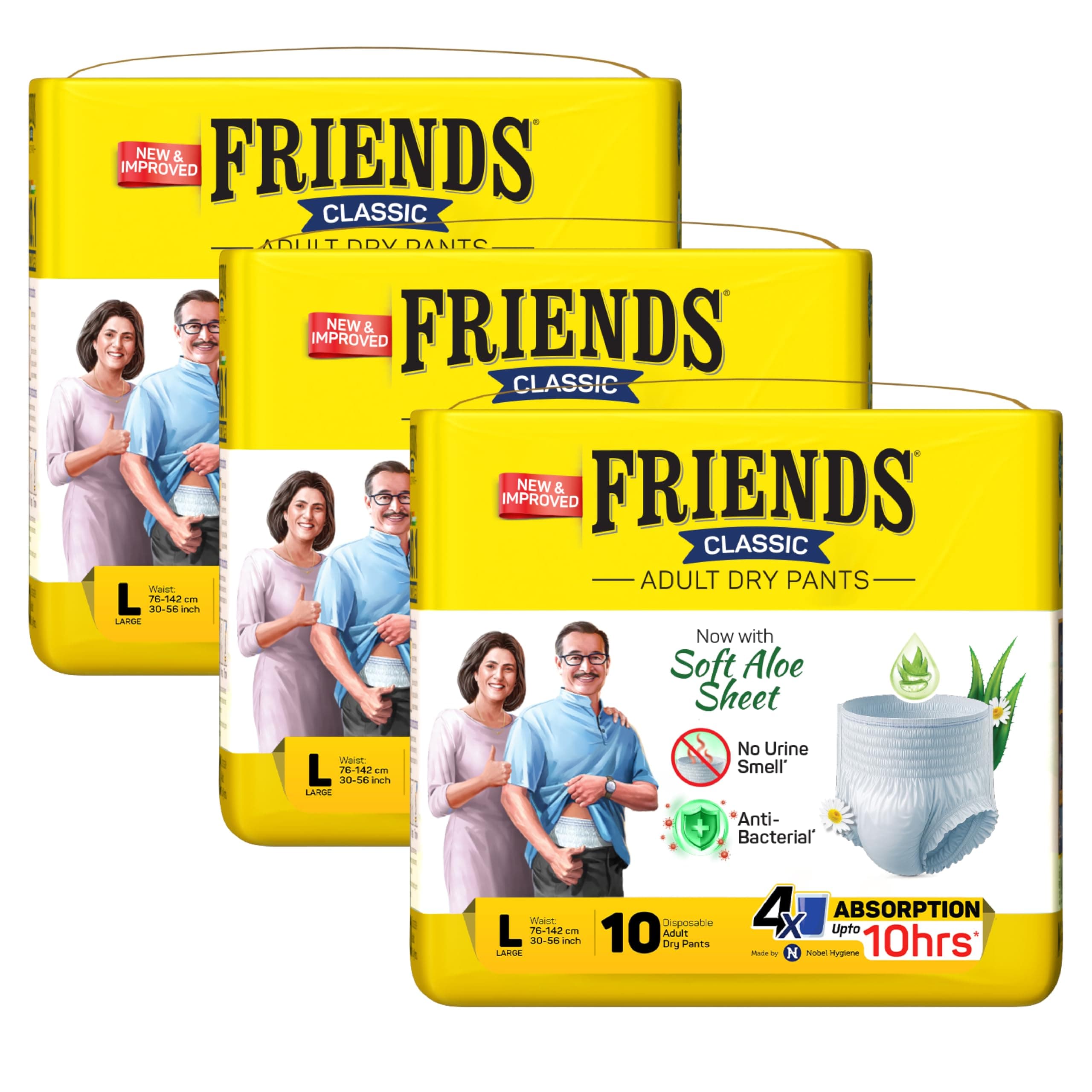 Friends Classic Adult Diaper L Size Pants | 30 Count (Large) | Waist 30-56 inch | Aloe Vera | Unisex | Quick & Even Absorption | Long Protection hours | Brief-Like Fit | Odour Lock | Leakproof | Elastic Waist & Anti-Bacterial Absorbent Core