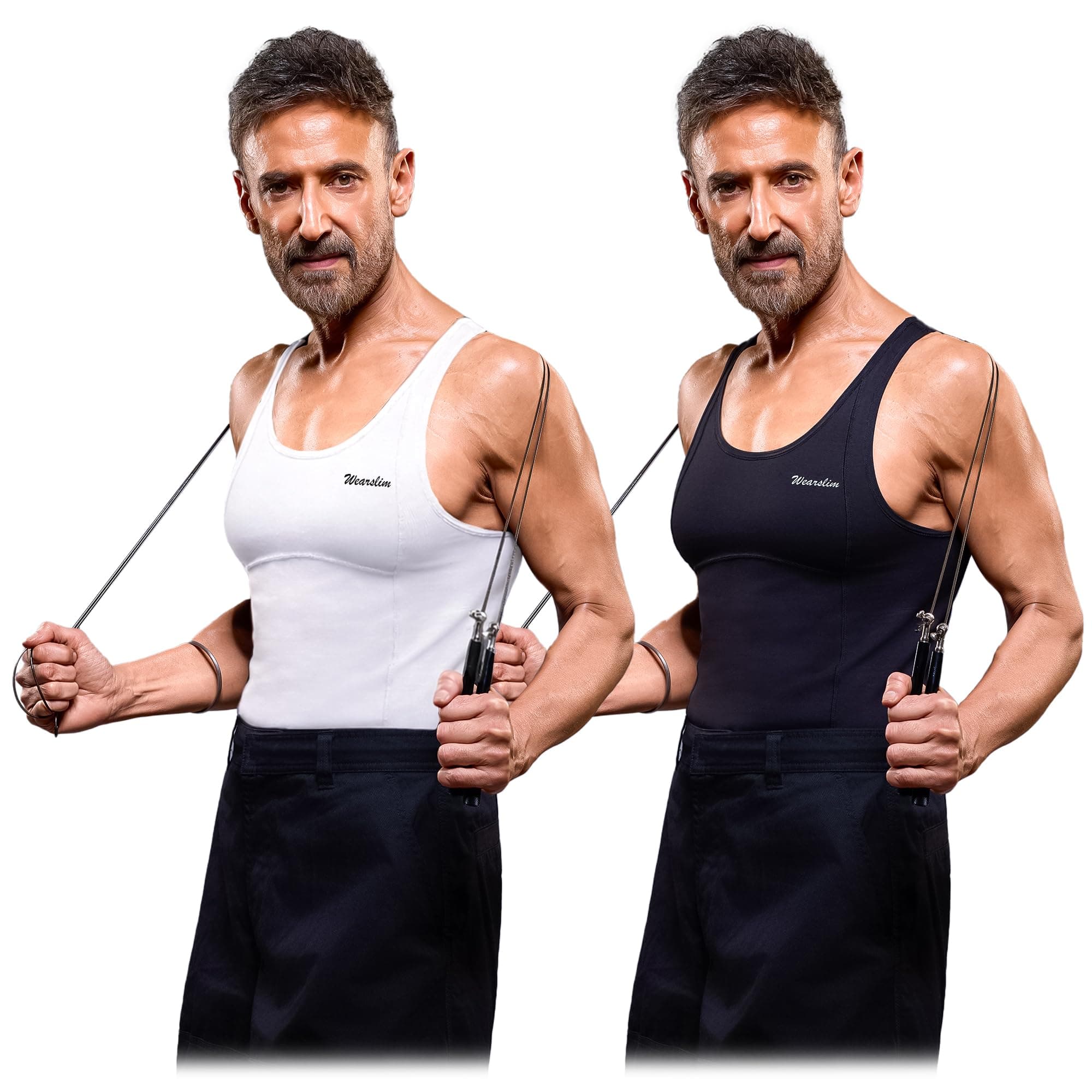 Wearslim Premium Men's Super Combed Cotton Elastene Stretch Fabric Tummy Tucker Vest for Man with Extended Length for Easy Tuck | Gynecomastia Compression Body Shaper Vests for Men (Pack of 2 - B&W)