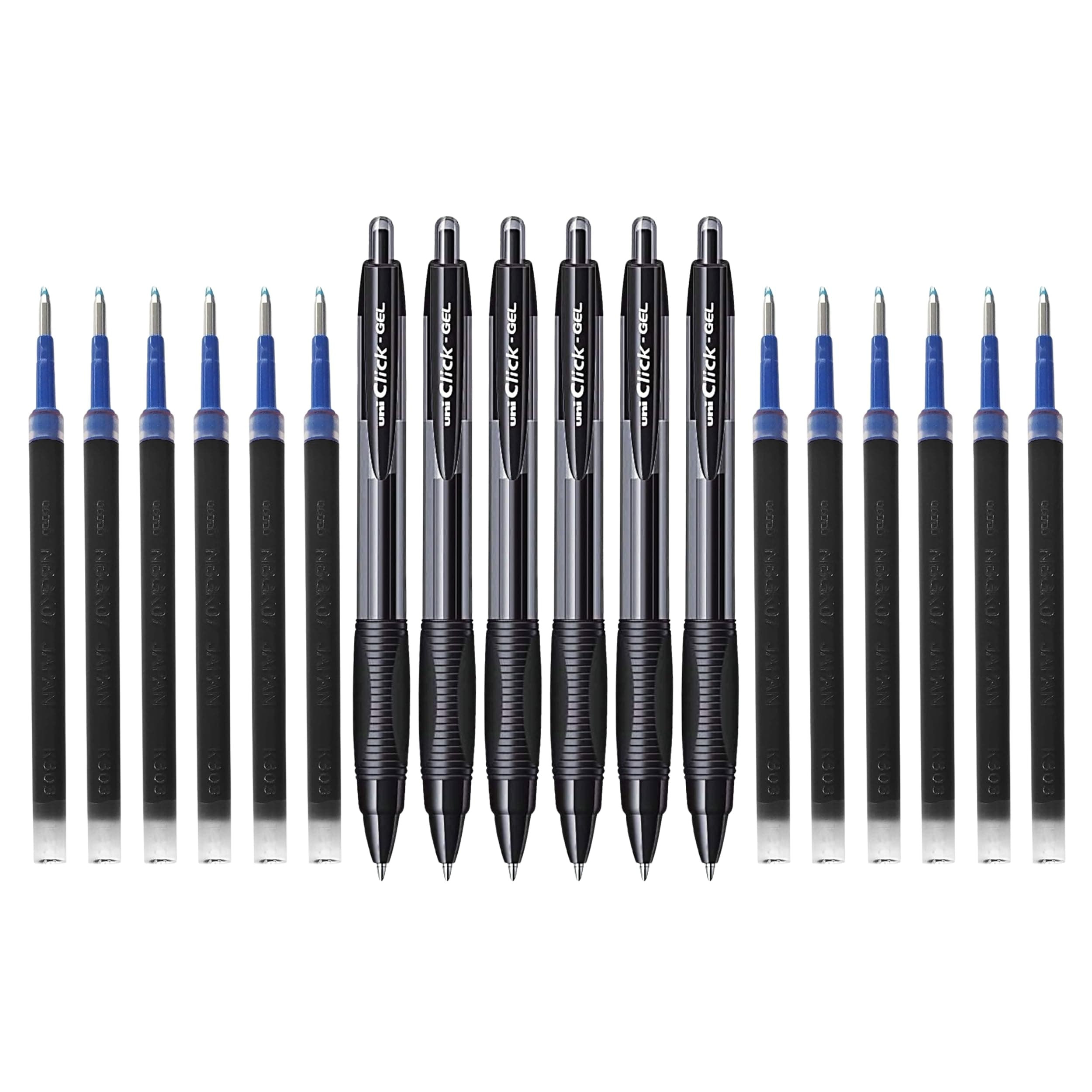 uni-ball Click Gel XSGR7 0.7mm Retractable Gel Pen & NBGK 0.7mm Refill Combo | 6 Pen & 12 Refill, Black Ink
