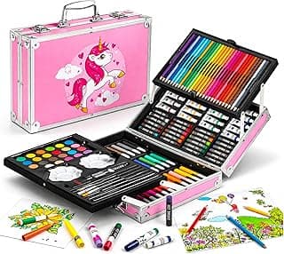 WISHKEY 145 Pieces Art Set for Kids with Unicorn Theme Storage Case, Art and Craft Supplies Kit for Drawing and Painting with Oil Pastel, Water Color, Color Pencils, Sketch Pen (Pack of 1 Pink & Blue)