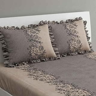 Dream Weaverz Double Bed & King Size Elastic Fitted Bedsheet with 2 Frill Pillow Covers | 260 Thread Count Polycotton Printed Bedsheet | Fits up to 72x78x8 Inch Mattress (Brown Beige)