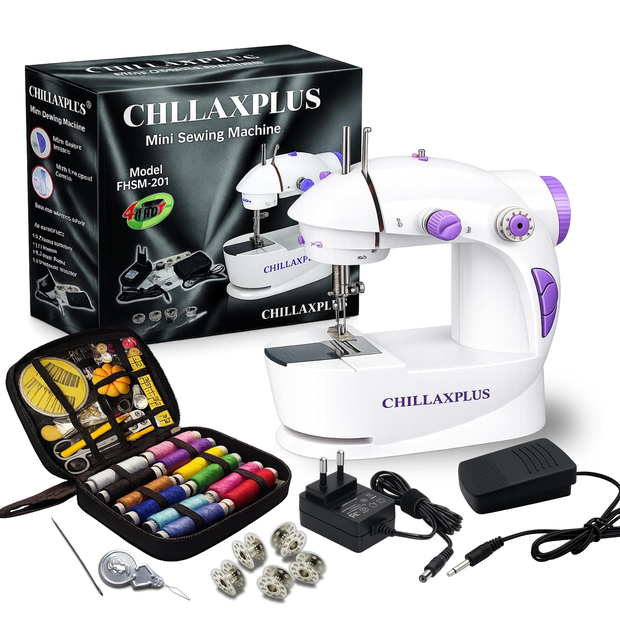 CHILLAXPLUS Stitching Machine - Portable Sewing Machine for Home Use with with 12 Thread Sewing Kit and Foot Pedal, Mini Silai Machine - Compact Tailoring Tool – White