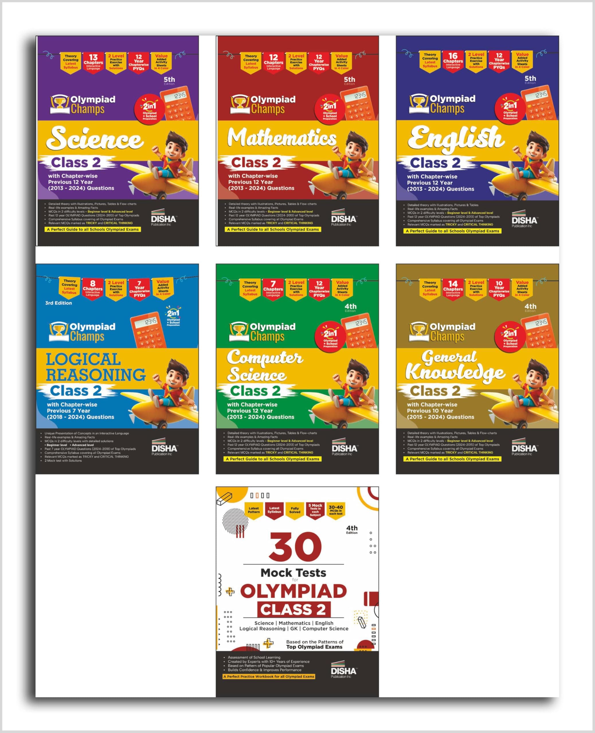 Disha Combo Class 2 (set of 7 books) Olympiad Champs Science, Mathematics, English, Logical Reasoning, Computer Science (Cyber) & GK with 30 Mock Tests 4th Edition