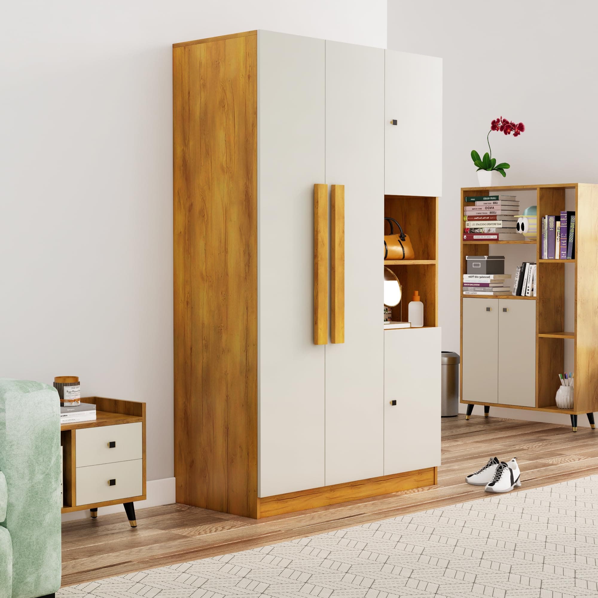 Bniture Wooden Almirah for Clothes, Door for Bedroom, 4 Door Wardrobe with Hanging Space (50D x 105W x 180H CM) |3 Year Warranty (Giant Wood & Frosty White)