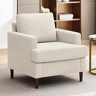 Weture Mid-Century Accent Chair,Modern Linen Fabric Armchair for Living Room,Comfy Upholstered Reading Accent Chairs for Bedroom,Single Sofa Chair with Wood Legs,Beige