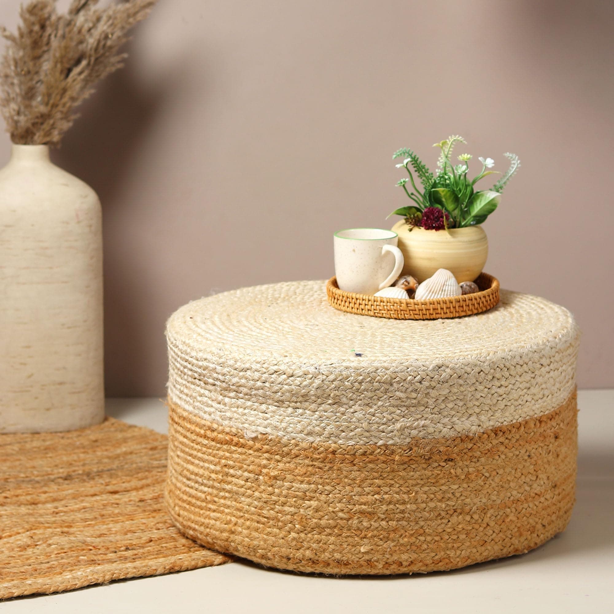 Habere India-All the Cultures Fabricating India Ottomans for Living Room | pouffe Stool | Ottoman Stool | Jute pouffes for Sitting - White, Round (S: Dia45xH30 cm)