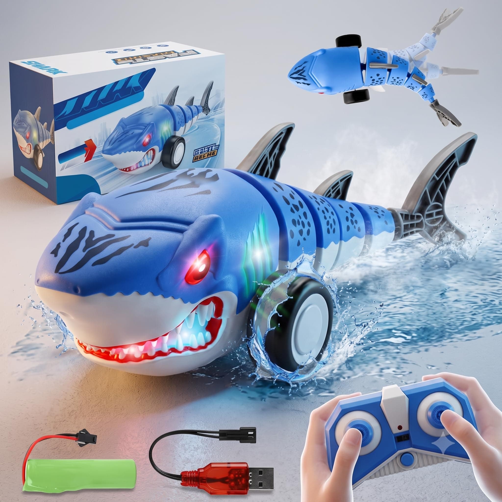 Jack Royal Rechargeable Remote Control Shark Stunt Car for Kids, 360 Rotational, LED Lights, 2.4GHz RC Stunt Toy, High-Speed Shark-Themed Racing Car, Fun Toy and Birthday Gift for Kids (Blue)