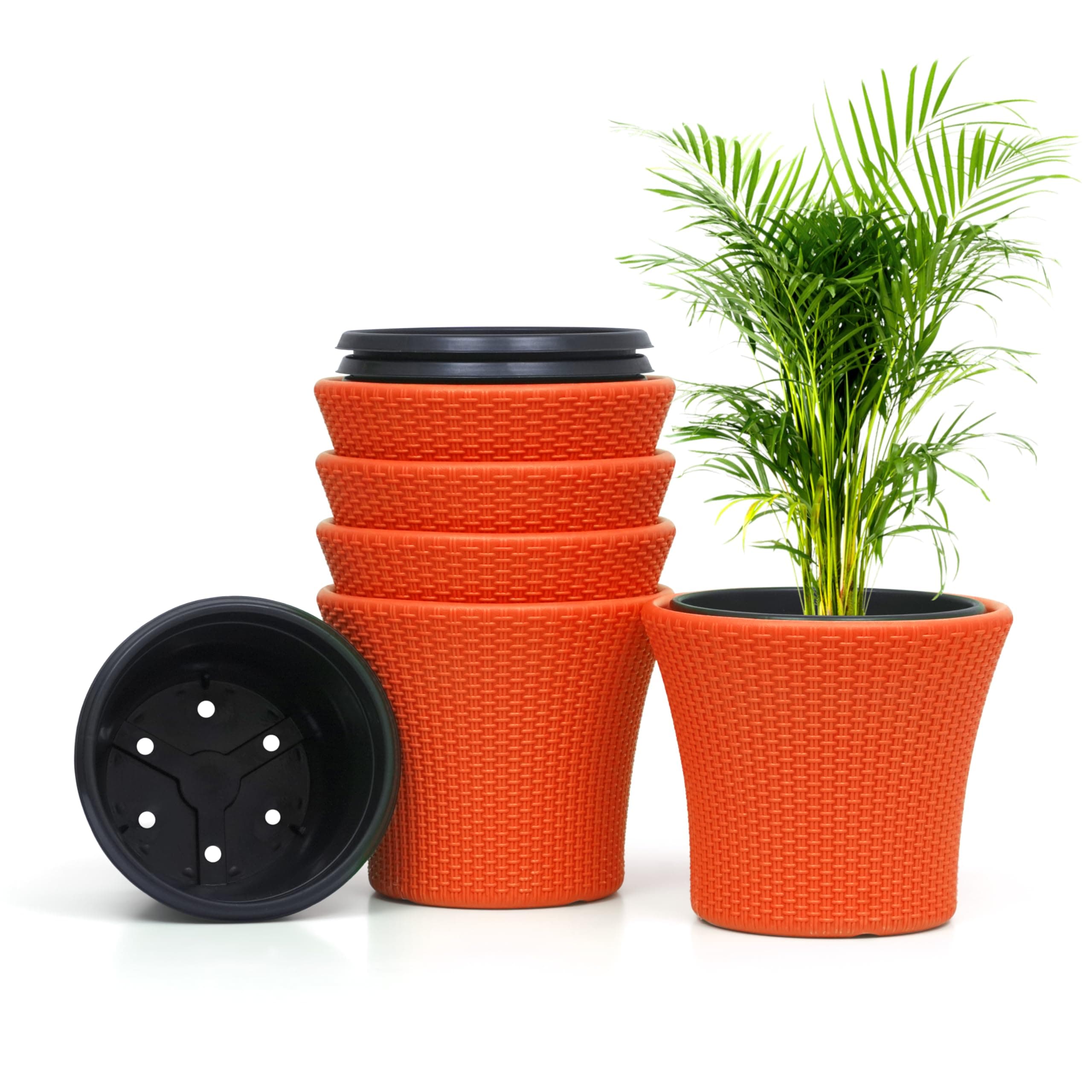 Livzing 11 inch Plastic Self Watering Flower Pots | Indoor & Outdoor Planters | Balcony Planter Pots | Self Watering System | UV Resistant | Reduce Maintenance | (Set of 5, Orange)