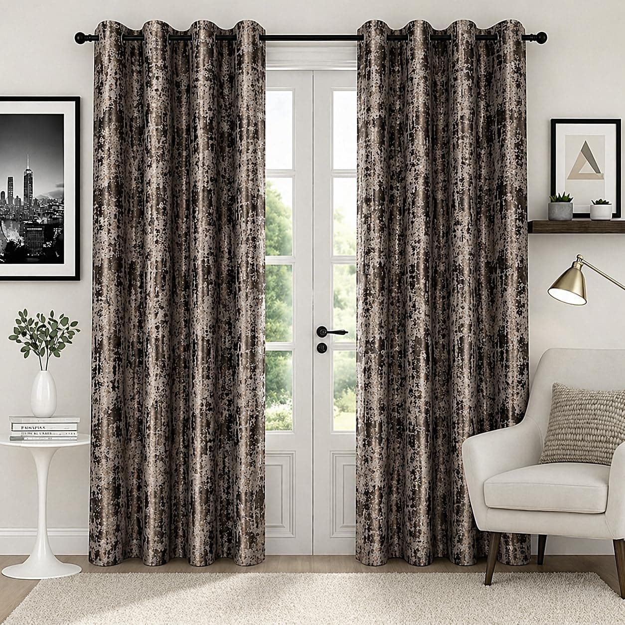 HUTI Home Brown Room Darkening Door Curtain | Heavy Knitted Jacquard Look Polyester Eyelet Curtain with Texture Print | 7 Feet (120 × 213 cm) | Set of 2