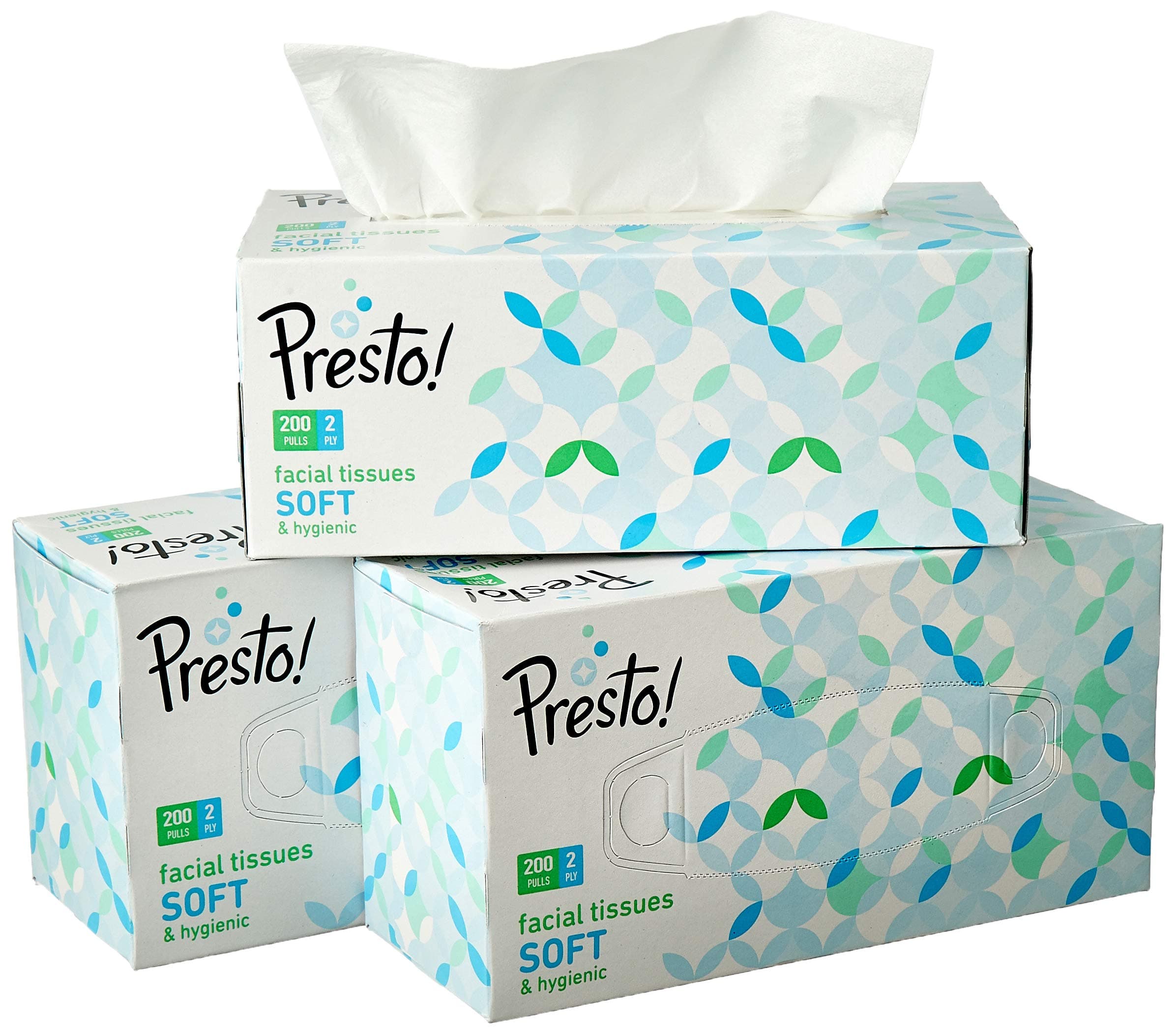 Amazon Brand - Presto! 2 Ply Facial Tissue Box | 600 Pulls | 200 Pulls X 3 Cartons | Highly Absorbent | 100% Natural Virgin Cellulose Fiber
