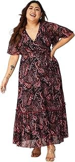 Miss Chase A+ Women's Bohemian V-Neck Flutter Sleeve Chiffon Relaxed Fit Wrap Maxi Dress