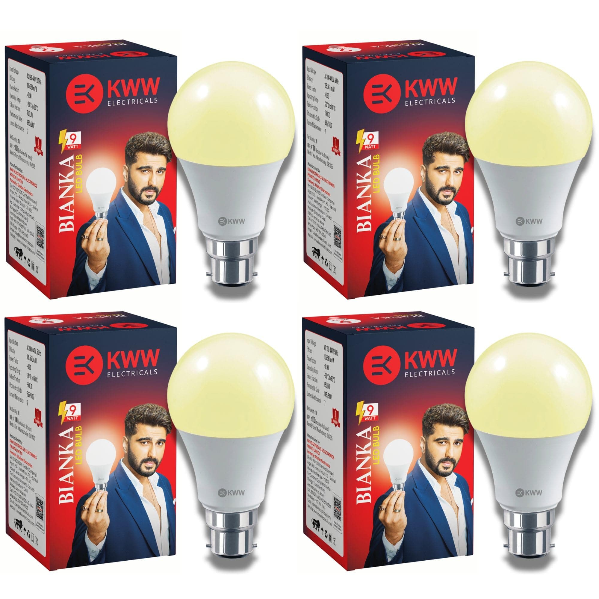 KWW 9W Warm White LED Bulb B22 Base Pack of 4 | 3000K Yellow Light | Warm White LED Bulb 9 Watt for Home | Energy Saving | 900 Lumens | BIS Certified | 1 Year Warranty