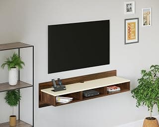 BLUEWUD Reynold Engineering Wood Wall Mount TV Entertainment Unit Set Top Box Stand/TV Cabinet Panel with Shelves for Books & Décor Display Unit Bed Living Room Upto 55 Inches (Brown Maple & Beige)
