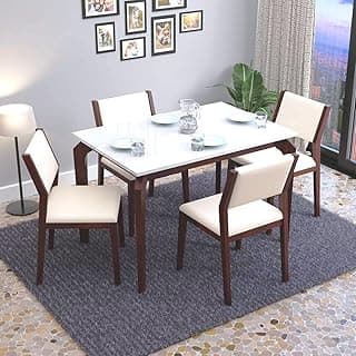 MURALICRAFT Sheesham Wood 45" Dining Table Set of 4 | Marble Finish Four Seater Dinning Table with 4 Upholstered Dining Chairs | Table Top: Premium HDMR Wood, Chair: Curved Design, White & Walnut
