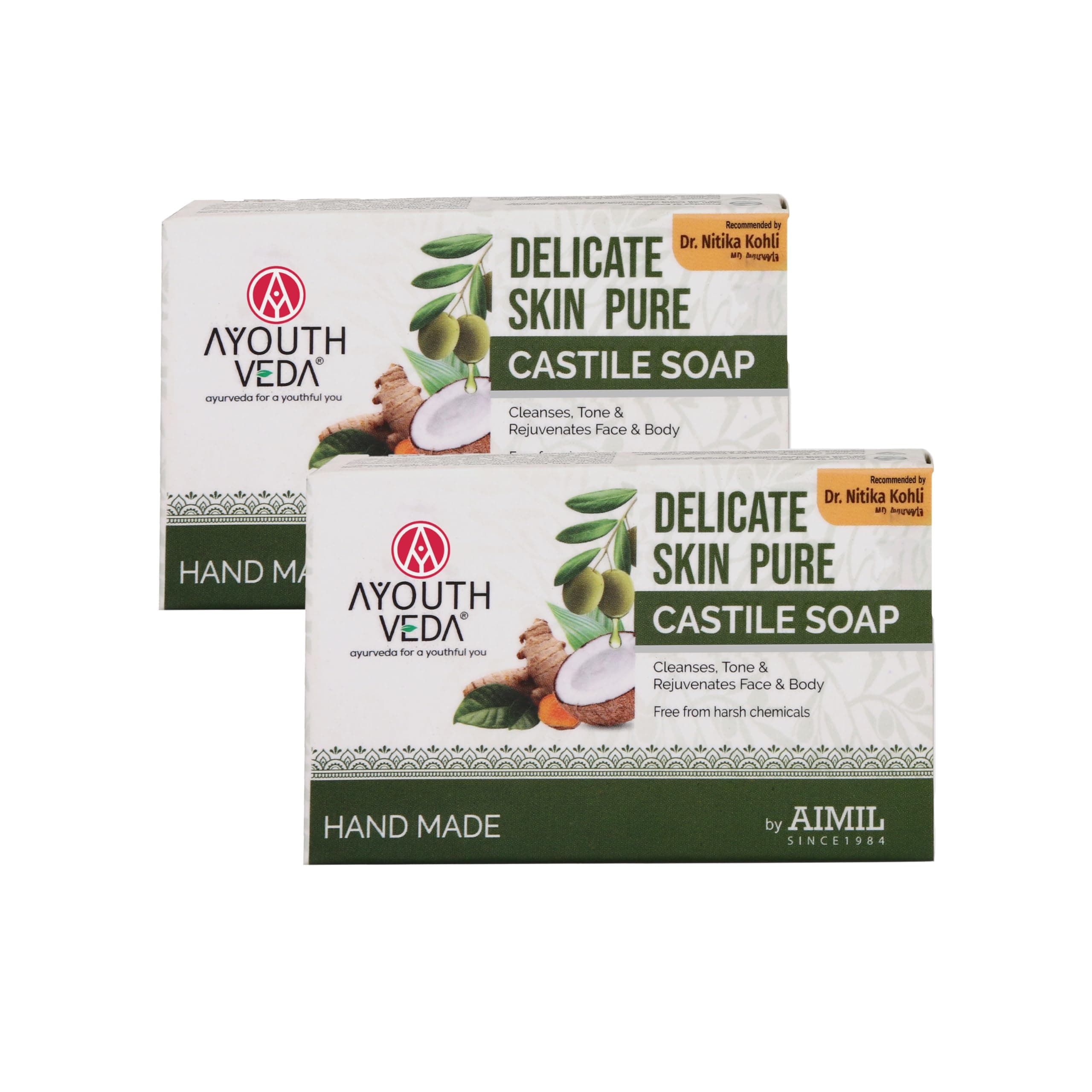 Ayouthveda Delicate Skin Pure Castile Soap | With the Goodness of Tulsi, Neem, Coconut & Olive Oil | Cleanse, Tones & Rejuvenates Skin | Handmade Soap Without Harsh Chemical (Pack Of 2-100g each)