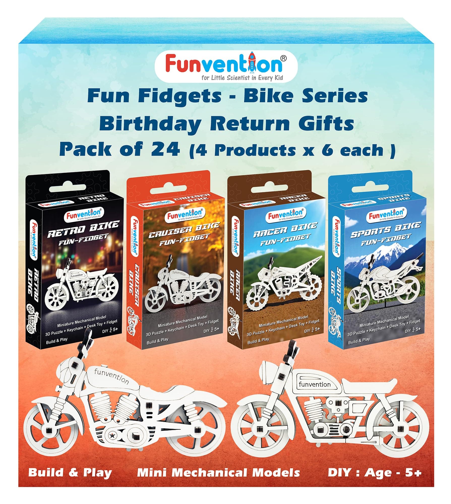Funvention Birthday Return Gifts (Pack of 24) Fun Fidgets - Bike Series | DIY Mini Mechanical Models 3D Puzzle Return Favours for Kids Birthday Party 5+ Years Made in India Toys Return Gift, Silver
