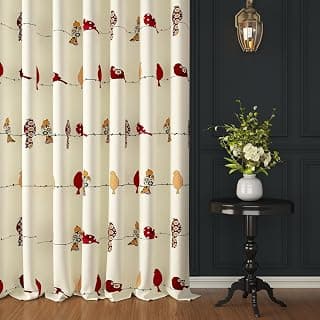 Story@Home Door Curtains 7 Feet Long 4 Piece | Birds Printed Cotton Curtain | Light Filtering Curtains | Curtain for Living Room | (116 x 215 cm, White & Red) | Perfect for Home Decor