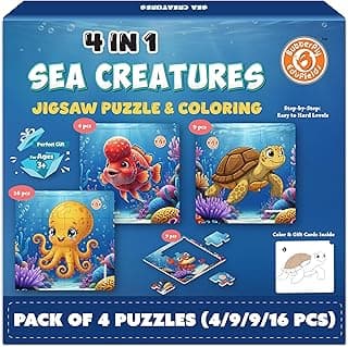 Butterfly EduFields 4-in-1 Sea Creatures Jigsaw Puzzle Set for Kids Age 3-7 | 38 Pcs Brain-Boosting Puzzle Toy with Coloring Worksheets for Boys & Girls | Preschool Learning