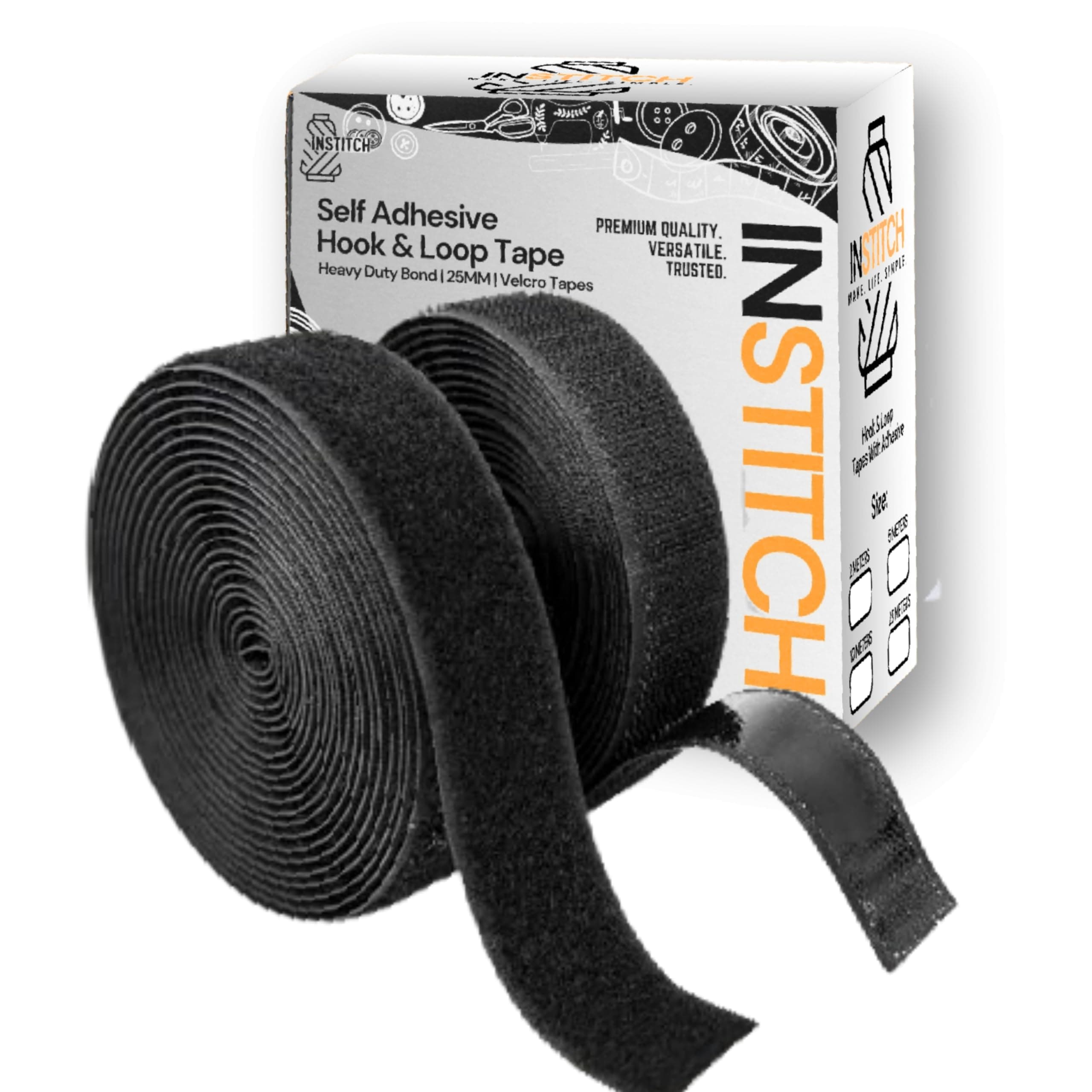 INSTITCH Self-Adhesive Hook and Loop Tape, Hook & Loop Tapes Roll, Self Sticky Back Strong Gripping Perfect for DIY | Home, Office, School, and Crafting |, Crafting & Wall Hanging (25mm) (Black, 5 Meter)