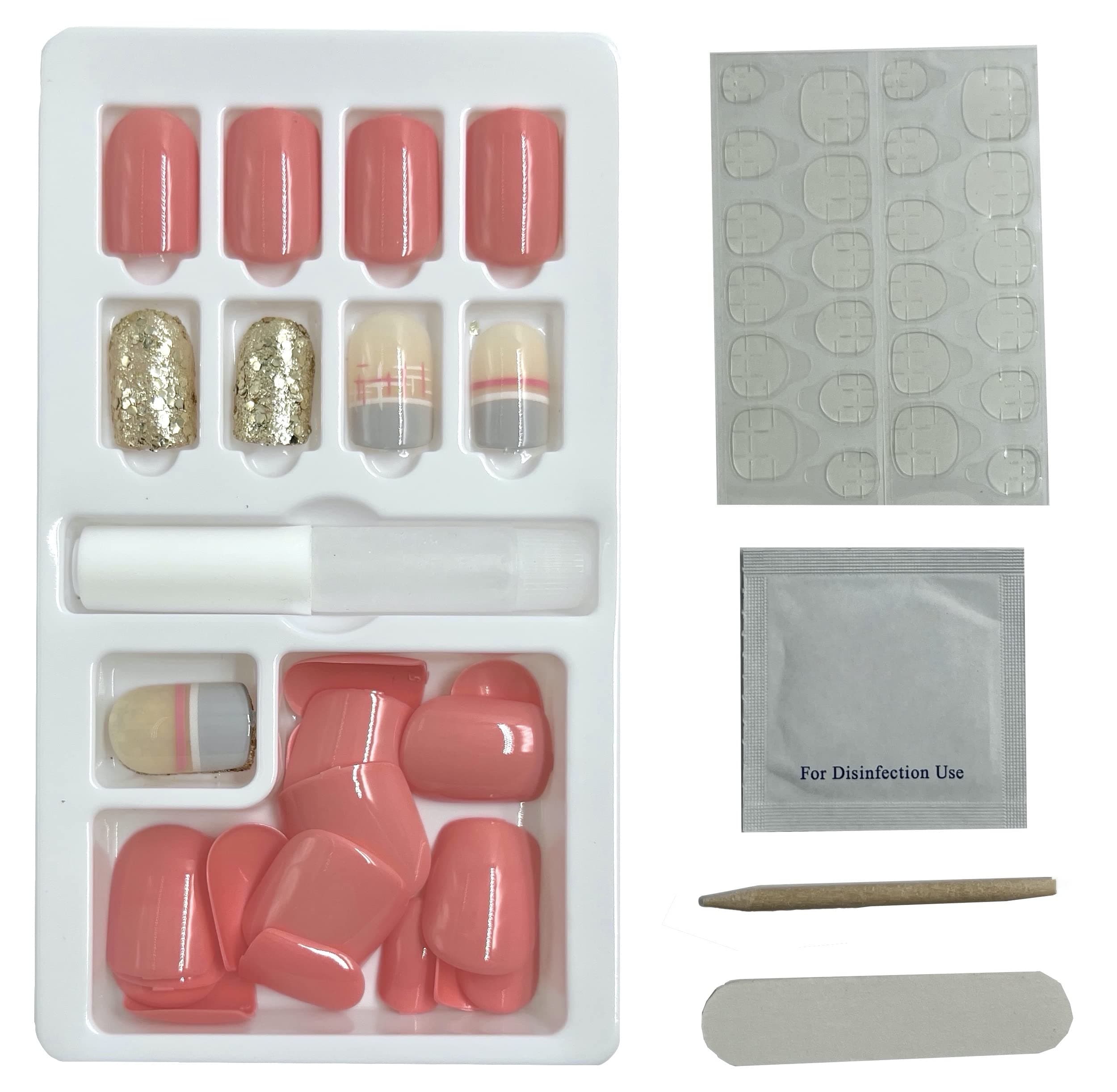 24x7 eMall Press on Gel Nails 30 Pcs with Double Sided Jelly Adhesive Nail Glue Nail Filer Pink Gold