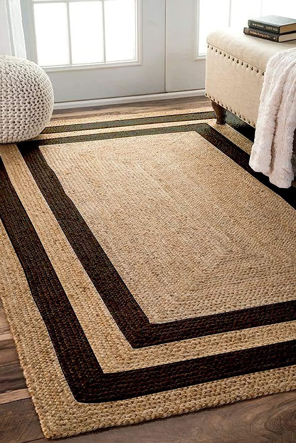 Housine® Handmade Natural Jute Cotton Natural Fibers Floor/Door Mat Rug Furnish Décor Striped Rectangular Design Carpet for Bedroom Living Room (Dpblack, 4 feet x 6 feet - Carpet/Rug)