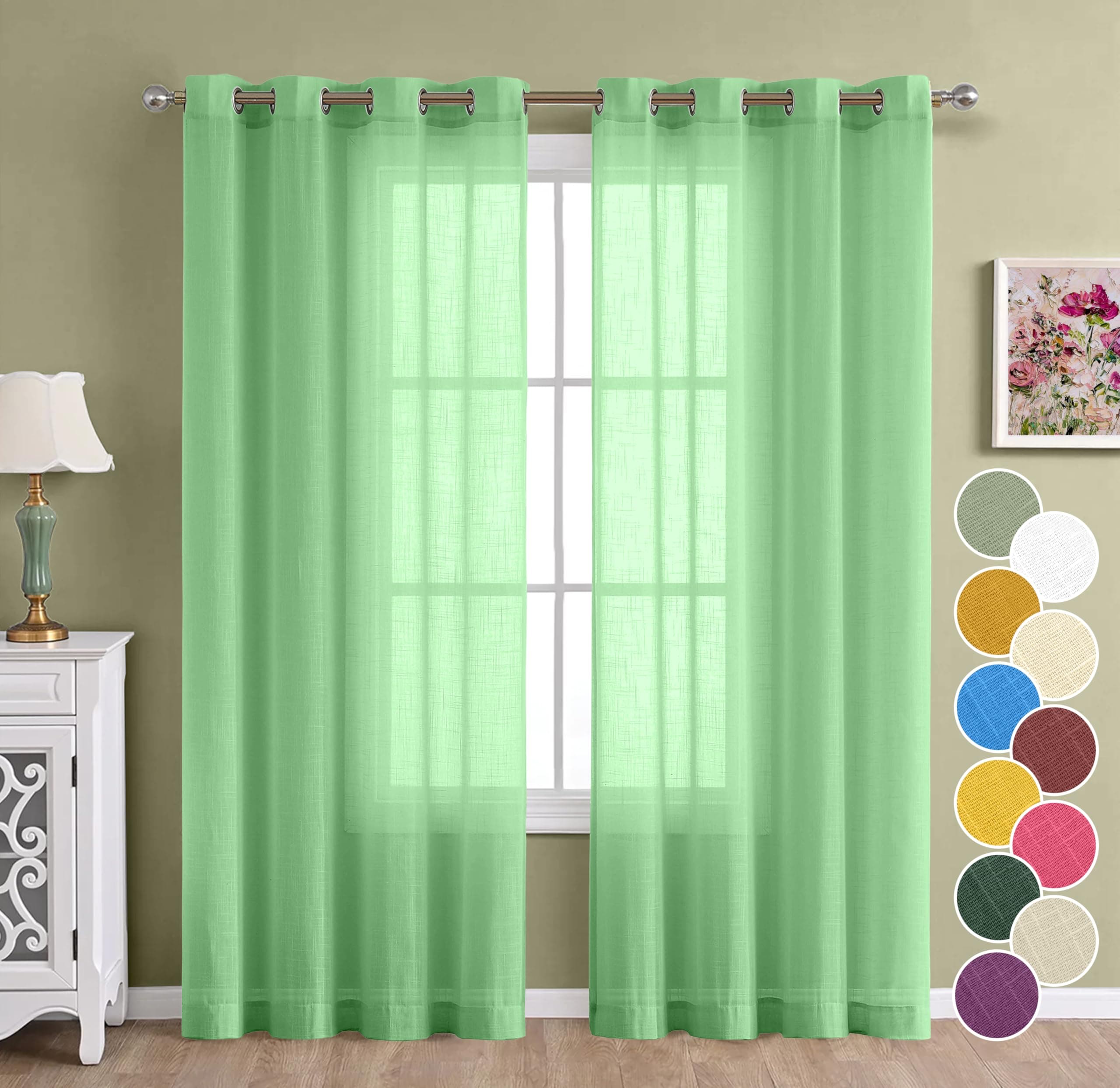 THE LINEN COMPANY Cotton Linen Solid Window Curtains | with Steel Eyelet Rings for Farmhouse Living Room & Bedroom Interiors Stylish Light Filtering Drapes | Set of 2, 5 Feet, Ocean Green