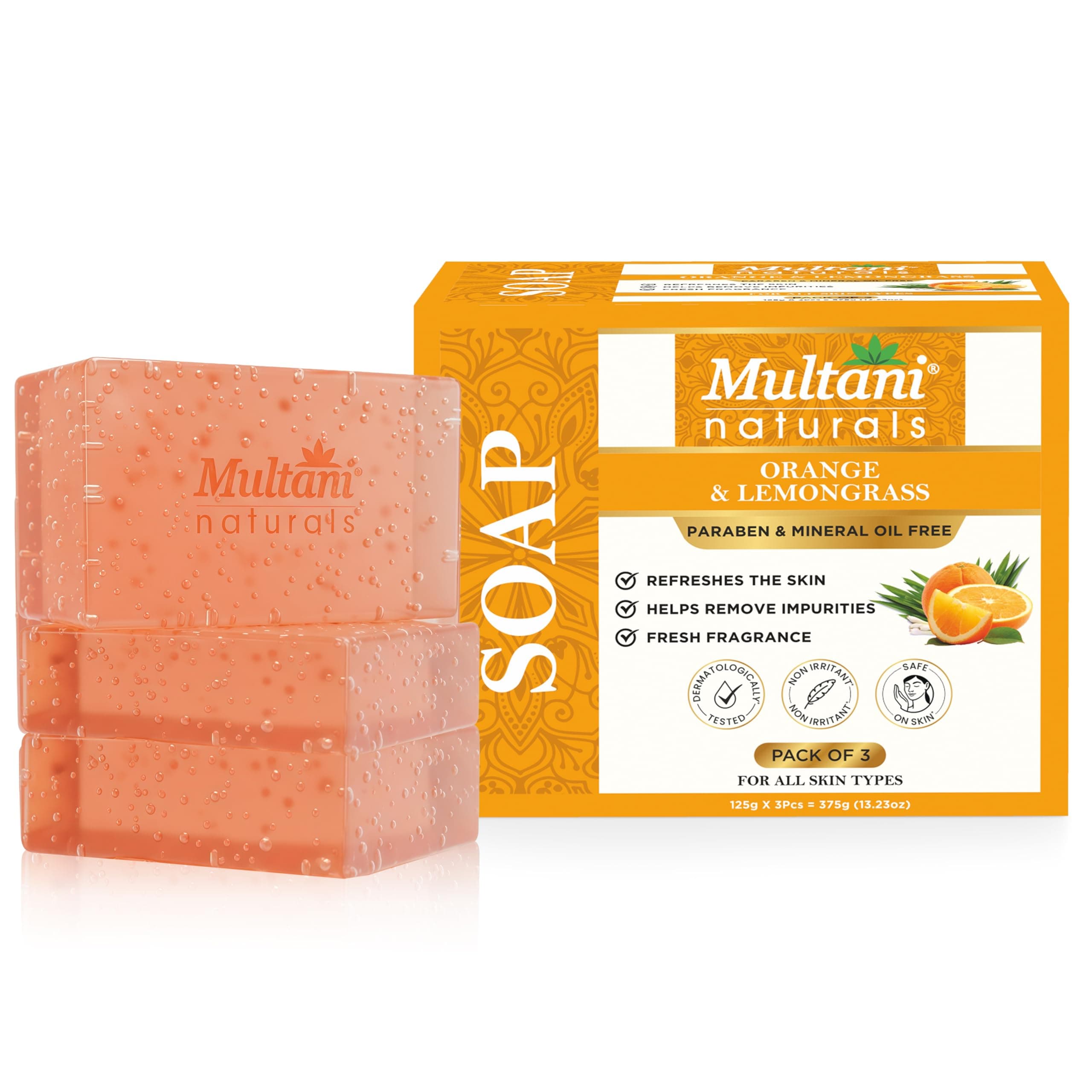 Multani Natural Orange Lemongrass Soap - 125 gm (Pack Of 3) | Helps In Reducing Acne & Oil Control | Helps Revive Dull Skin & Refreshes Skin | Paraben Free | Clinically Tested | For All Skin Types | Soap Bar For Men & Women