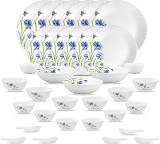 La Opala Opal Glass Crockery | for Family of 6 | Dinner Set 35 pcs Floral Fountain | Plates & Bowls for Dining | Microwave Safe | 100% Vegetarian | Extra Strong | Extra Light & White