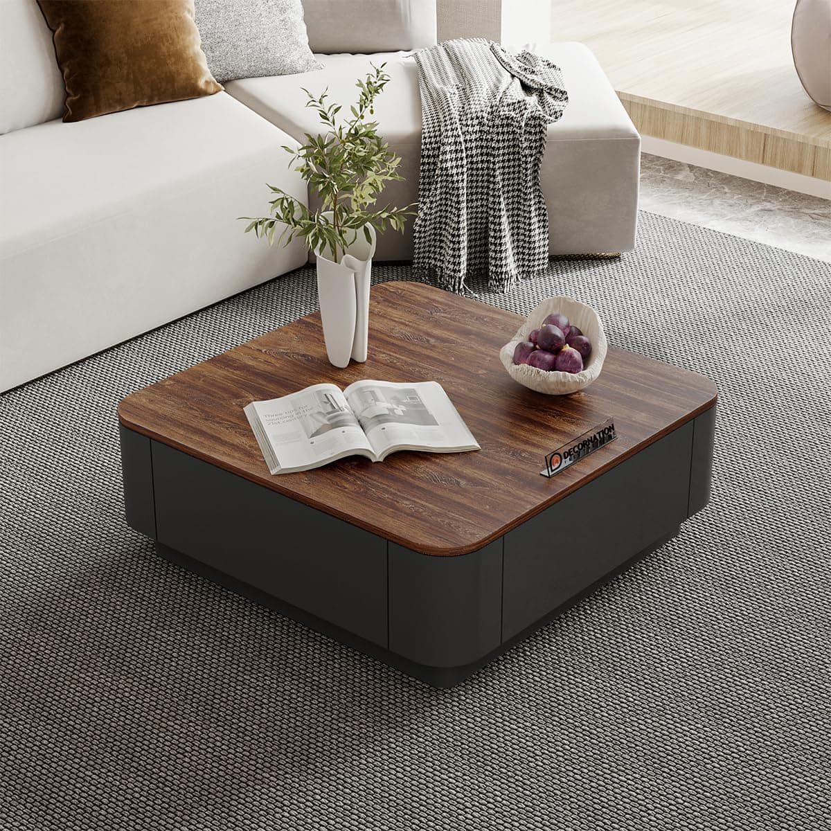 DecorNation Verona Luxe Solid Wood Coffee Table | 32 Inch Modern Center Table | Natural Wood Top with Graphite Black Base | Premium Living Room Furniture