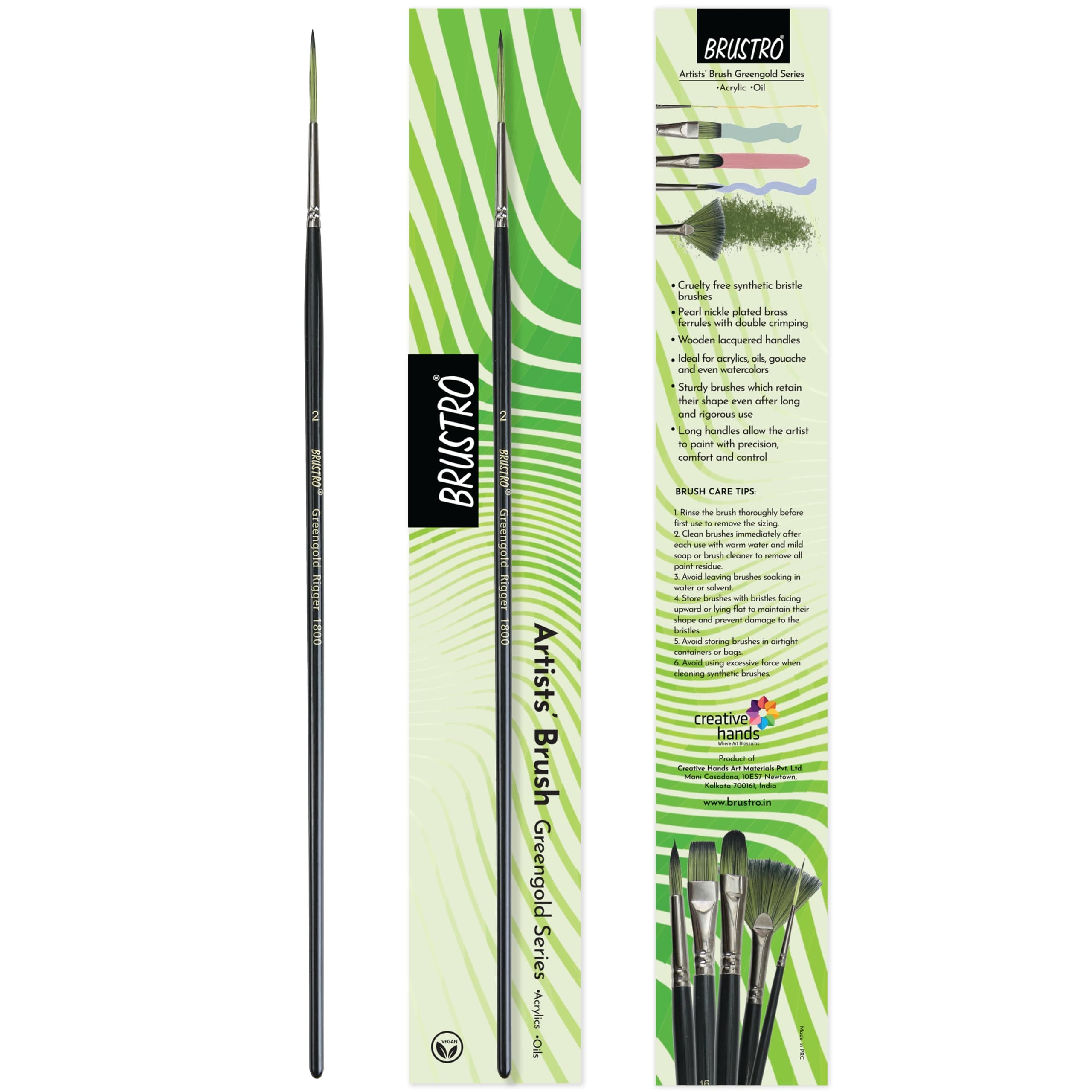 Brustro Artists Greengold Acrylic Brush Rigger Series 1800 - Size - 2 | Ideal for Oil, Acrylic Painting on Paper, Canvas, Fine Art Students and Professional.