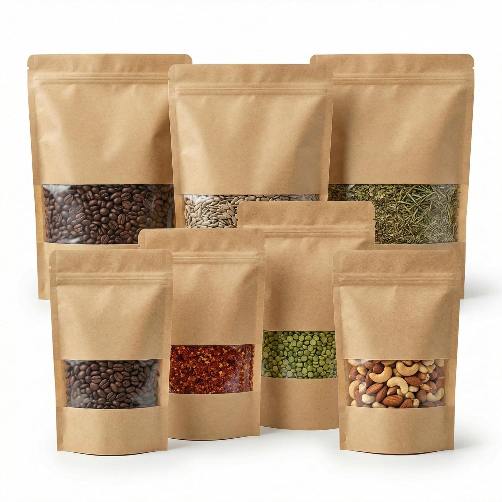 Brown Kraft Paper Zip Lock Stand Up Pouches | 10×15cm | 50g | Pack of 100 | Transparent window, resealable zip lock closure and stand-up design for tea, spices, herbs, seeds and sample packaging