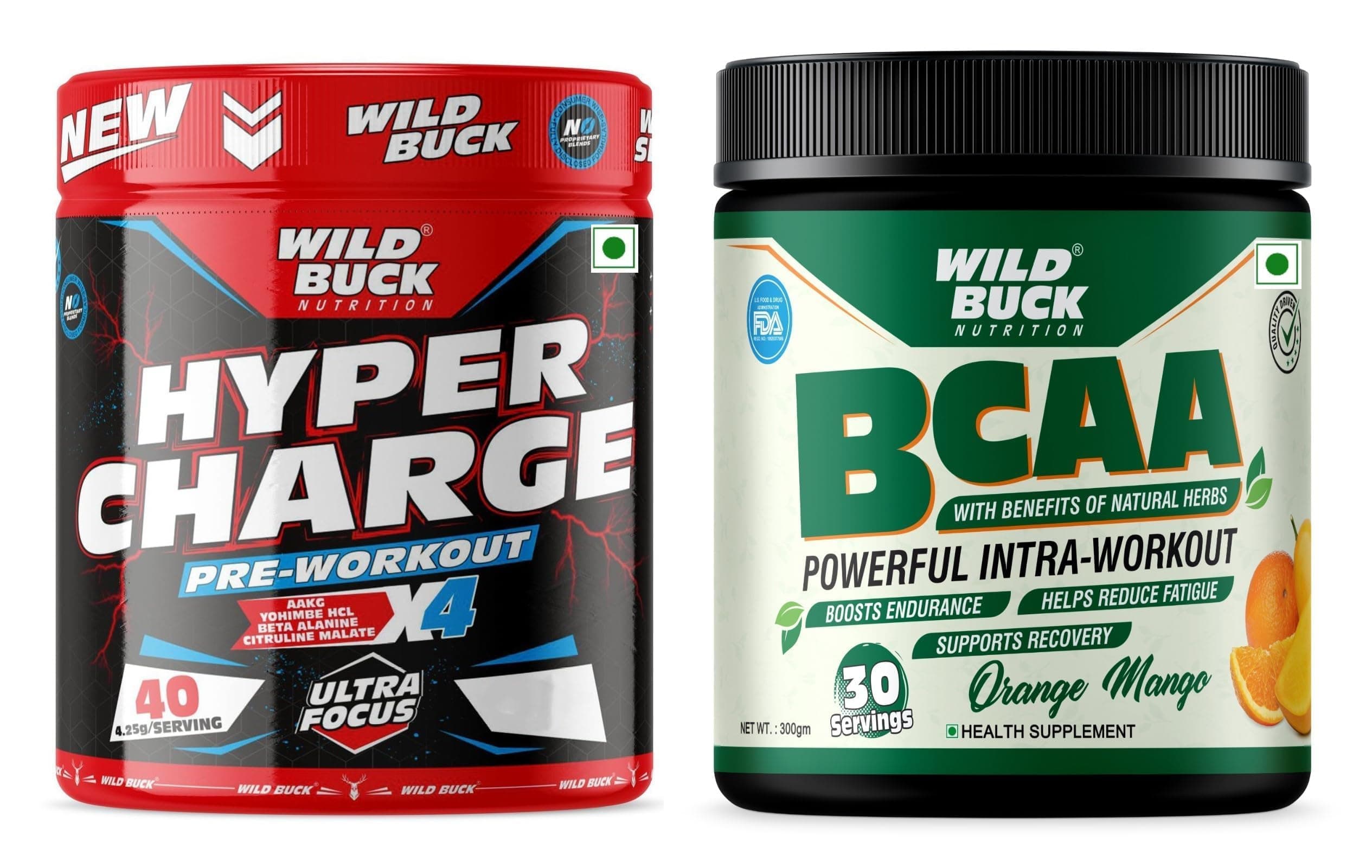 WILD BUCK Hyper Charge Pre-X4 Hardcore Pre-Workout Supplement Powder with Creatine Monohydrate, Arginine AAKG, Beta-Alanine, Caffeinated Punch -For Men & Women [40 Serv, Sour Gummies] + Wild Buck BCAA Powder with Natural & Powerful Herbs for Muscle Endurance, Muscle Growth, Recovery & Hydration | Pre, Intra & Post Workout BCAAs Supplement for Women & Men [Orange Mango, 30 Servings, 300g]